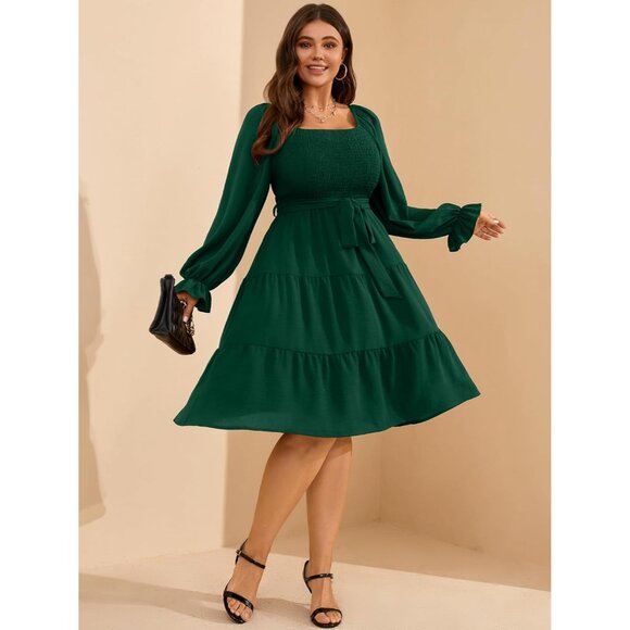 Plus Size Fall Dress Women Long Sleeve Smocked Square Neck A-Line Party - Picture 5 of 8
